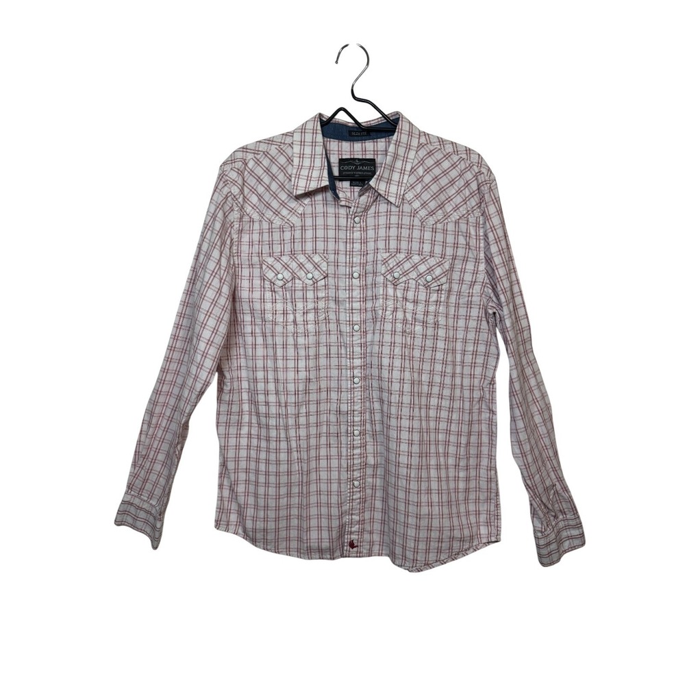 Cody James Western Shirt Mens Large Red White Plaid Pearl Snap Slim CMH18W2